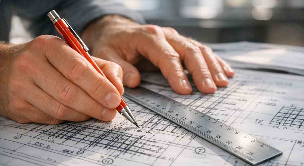 Nahaufnahme einer präzisen technischen Bauzeichnung für den Ingenieurbau bei der Planfabrik Hartmann.