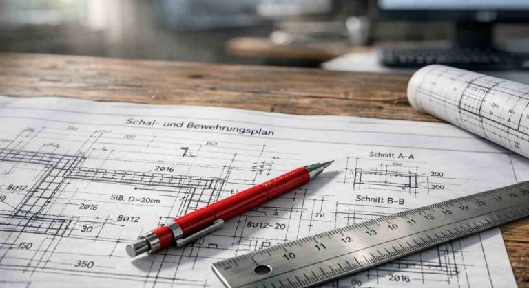 Detaillierter Schal- und Bewehrungsplan auf einem Arbeitstisch im Konstruktionsbüro Planfabrik Hartmann